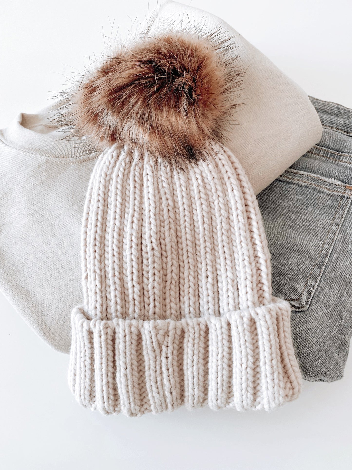 Oatmeal Chunky Pom Pom Beanie